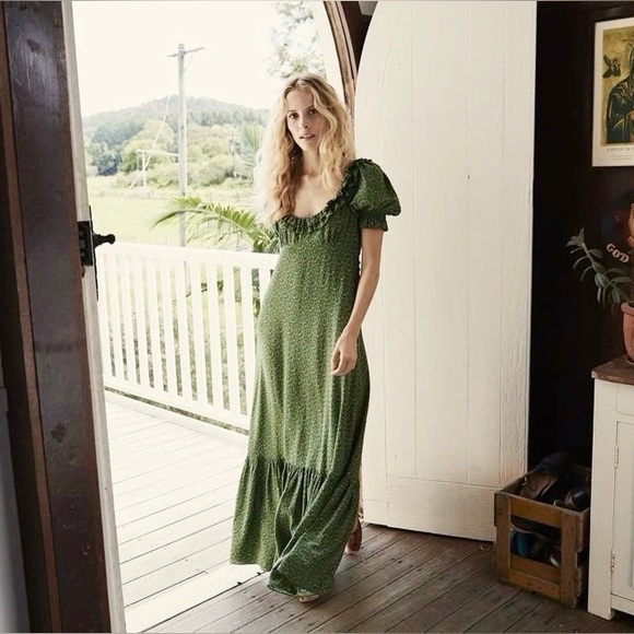 Doen Olive Dress Green Martha's Garden Floral Silk Maxi Size XS - Picture 16 of 17